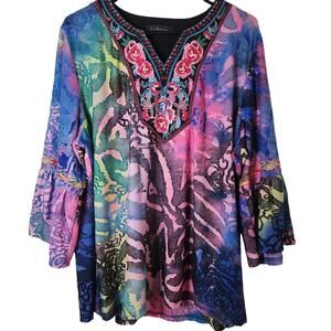 Caleoas Top Womens XL Colorful Festival Boho Gypsy Embroidery Floral Whimsygoth